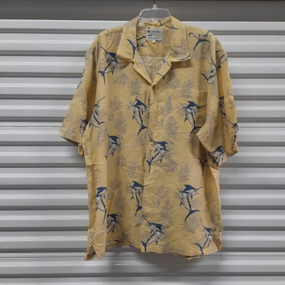 Columbia Mens Shirt Size Large Yellow Button Front Short Sleeve Cotton Casual - Picture 1 of 7